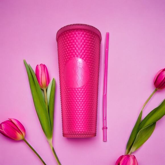 Starbucks New 2021 Neon Pink soft touch diamond studded Venti tumbler 24 oz - Picture 14 of 14